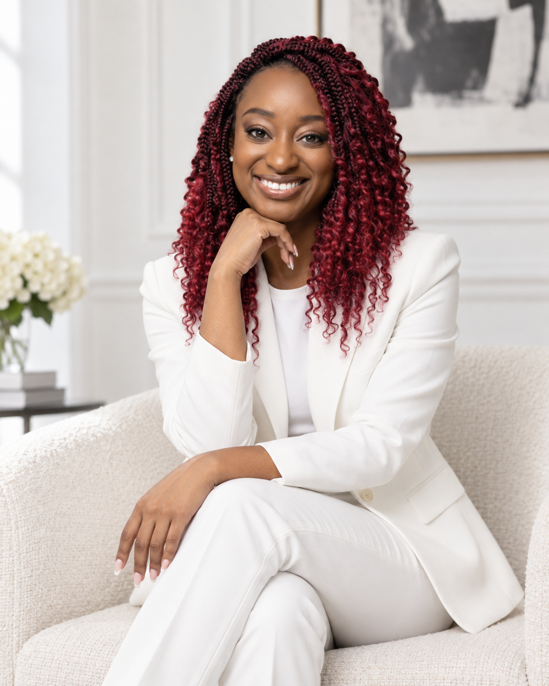 Shiloh smiling in a white suit, seated with red braids