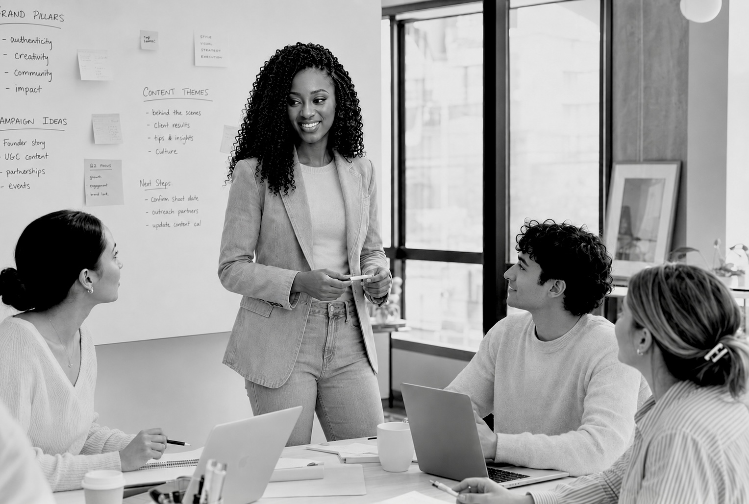A team working together at a whiteboard