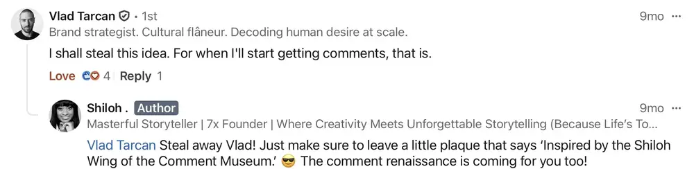 A selected Hall of Comments exchange about an ownable idea
