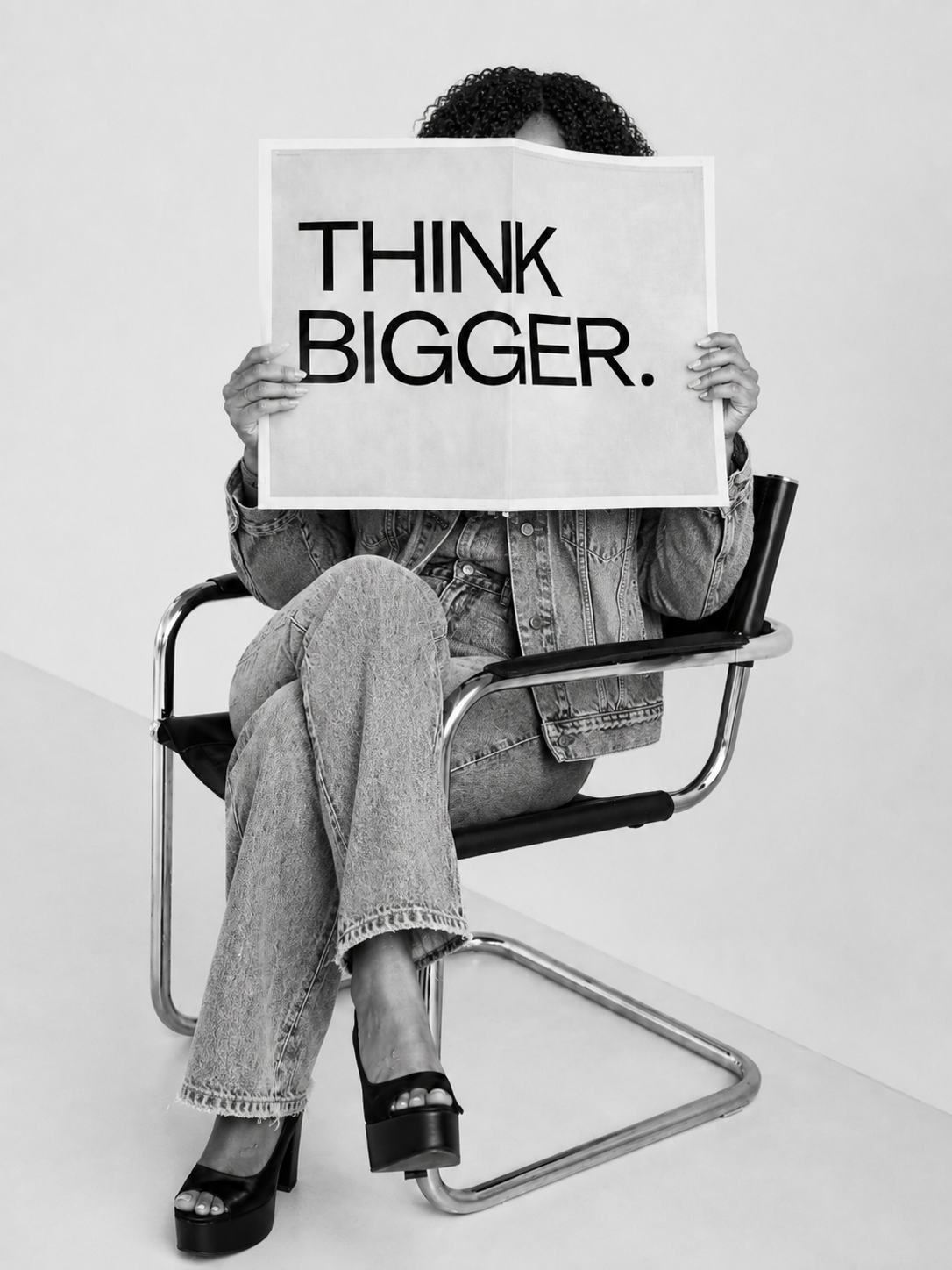 Shiloh Moyo holding a newspaper that reads Think Bigger