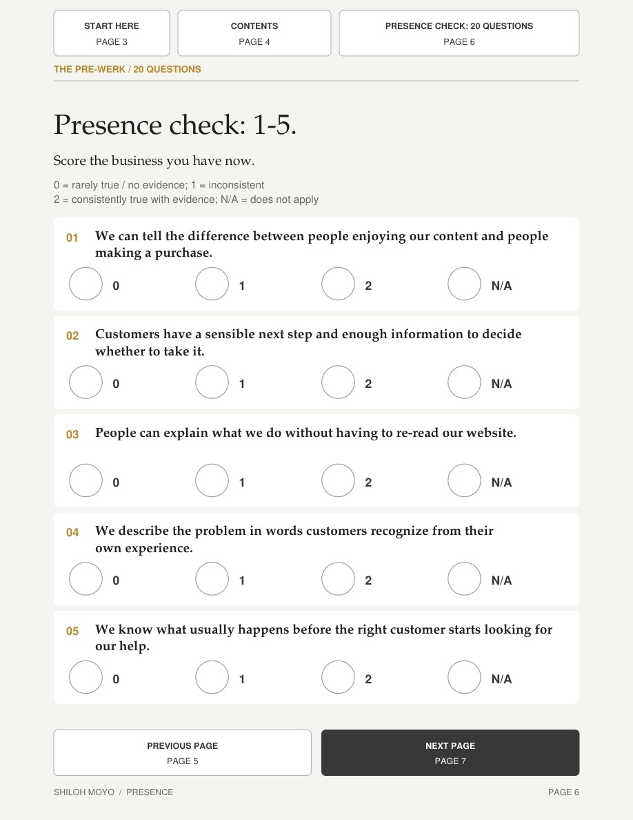 The Presence Check: questions 1 to 5 with selectable answers